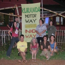 Di Horburgh and friends protest the Kuranda Range Highway proposal at a gatherin